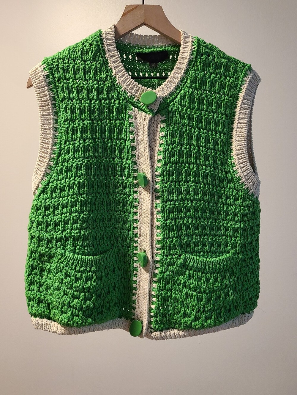 Zara Green Crochet Knit Button-Down Vest with Cream Trim